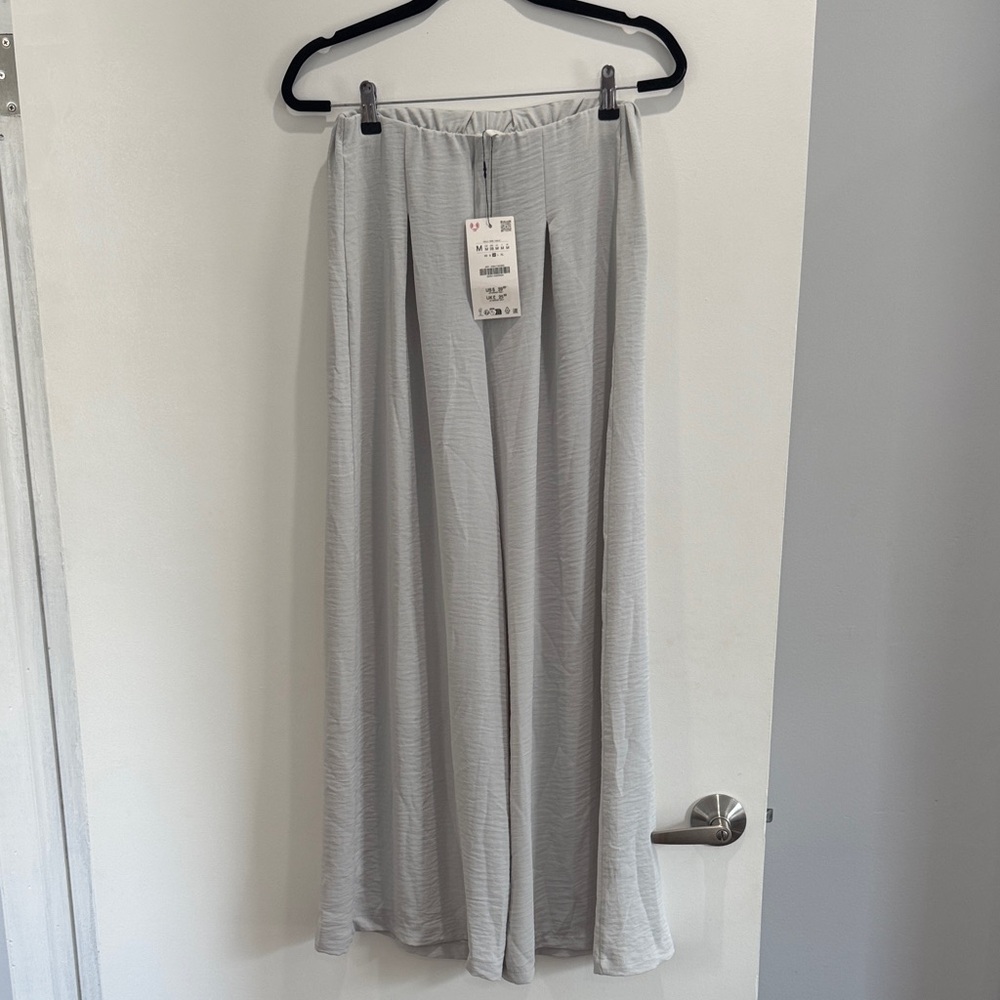 Zara Light Gray Wide Leg Pant and Wrap Blouse 2 piece set medium